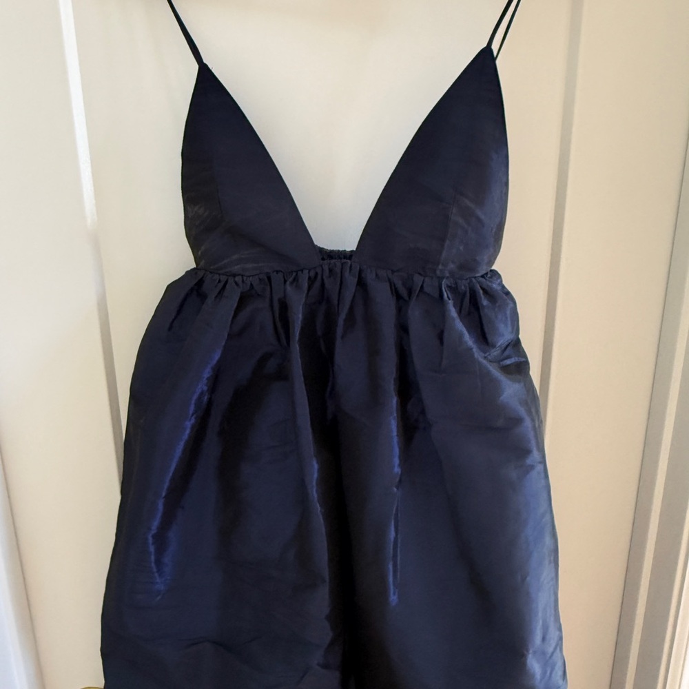 Ganni Navy Shiny Taffeta Strap Dress